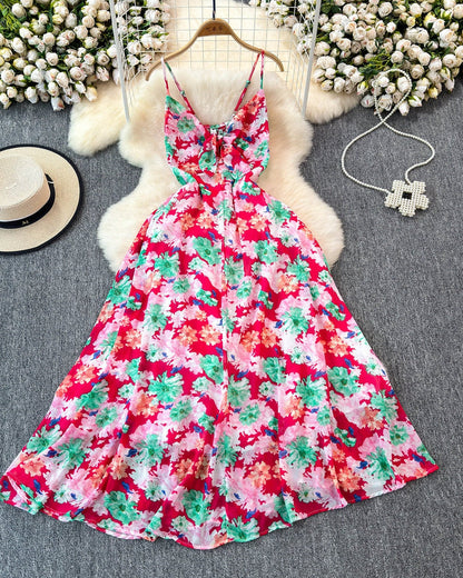 Boho Floral Print Spaghetti Strap A-Line Dress – Summer Beach Vacation Cami Dress