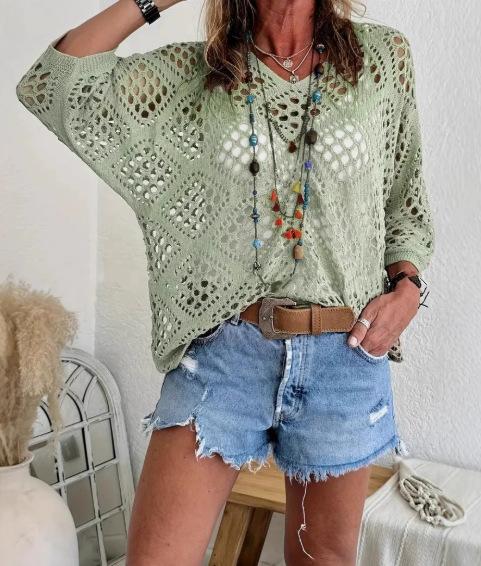 Women's Bohemian-Inspired Beige Crochet Top with V-Neck