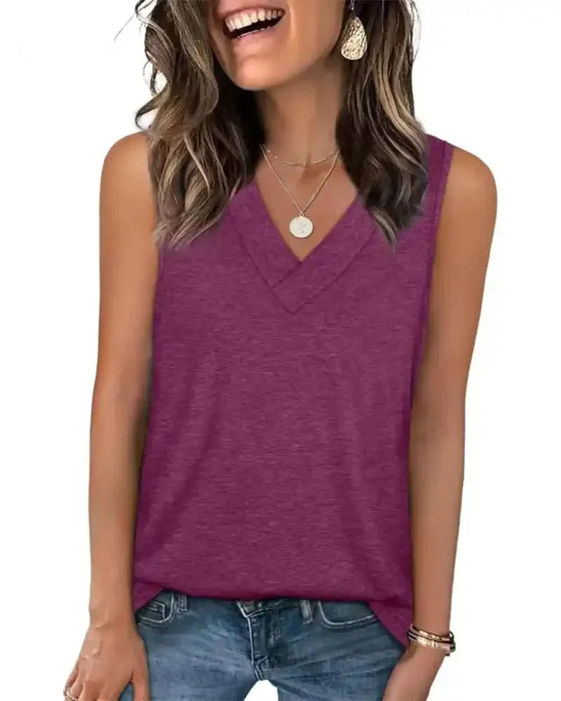 (S - 5XL) Women's V-Neck Tank Top - Loose Fit Summer Basic Tee