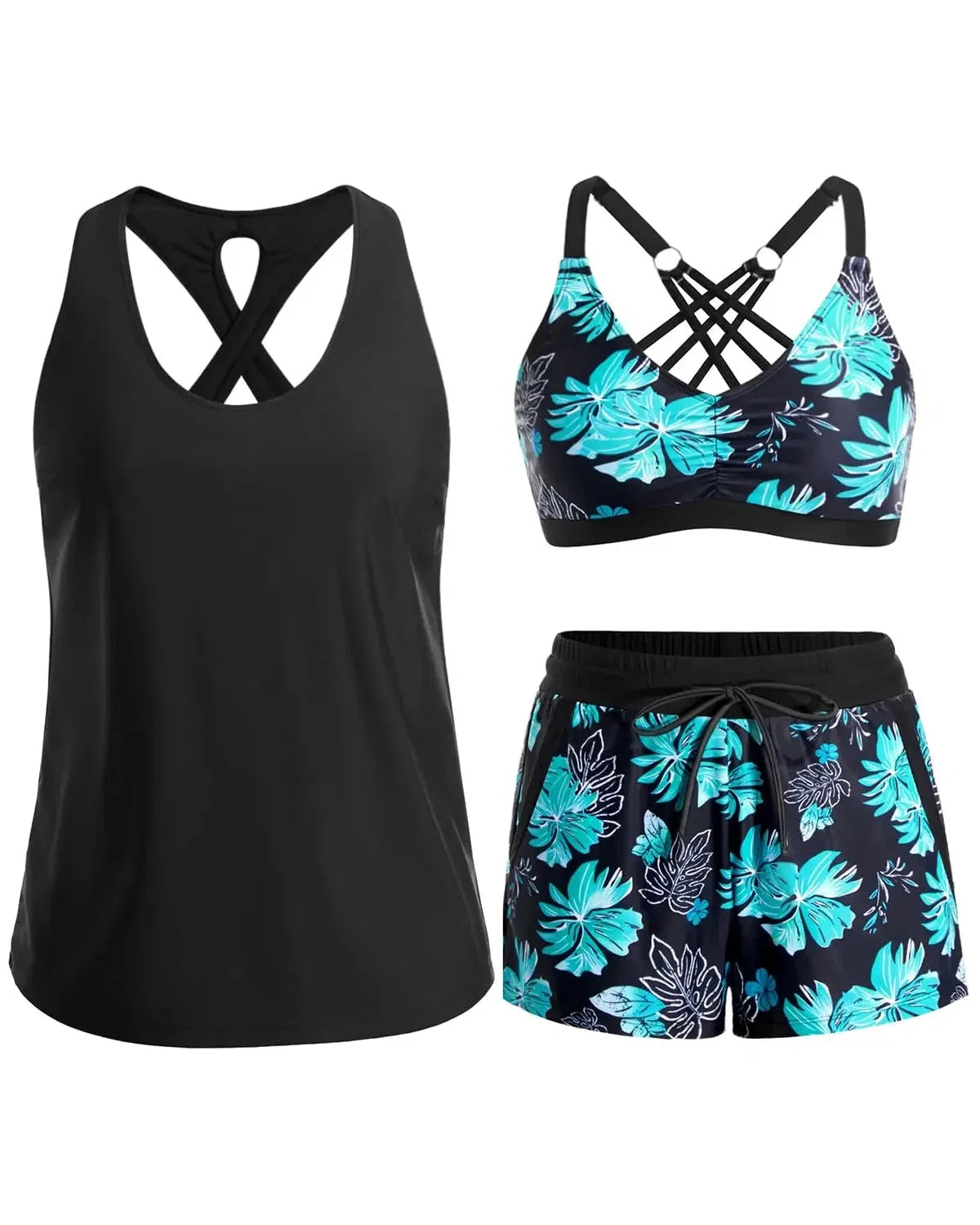 3-Piece Tropical Print Tankini Swimsuit Set with Crossback Top and Drawstring Shorts