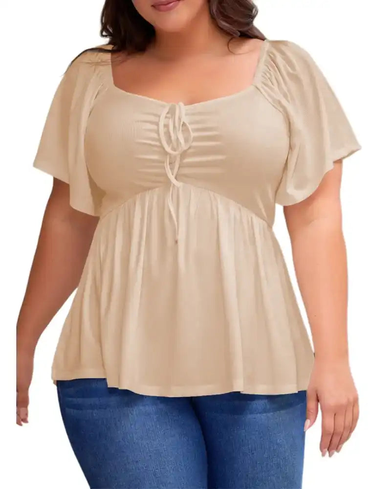 (XL-5XL) Plus Size Square Neck Short Sleeve Shirred Peplum Blouse