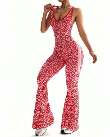 Curvy Seamless Leopard Print Backless Yoga Jumpsuit