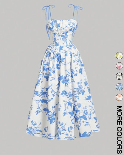 Curvy Floral Print Tie Shoulder Midi Cami Dress