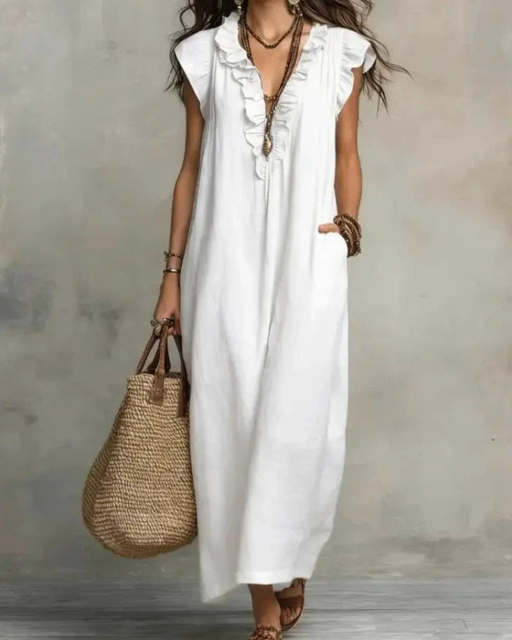 Women’s Boho Sleeveless Ruffle Maxi Dress with Pockets