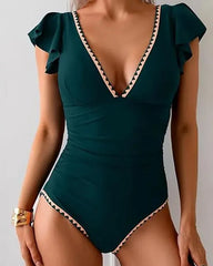 Women's V-neck one-piece ruffled tummy control swimsuit