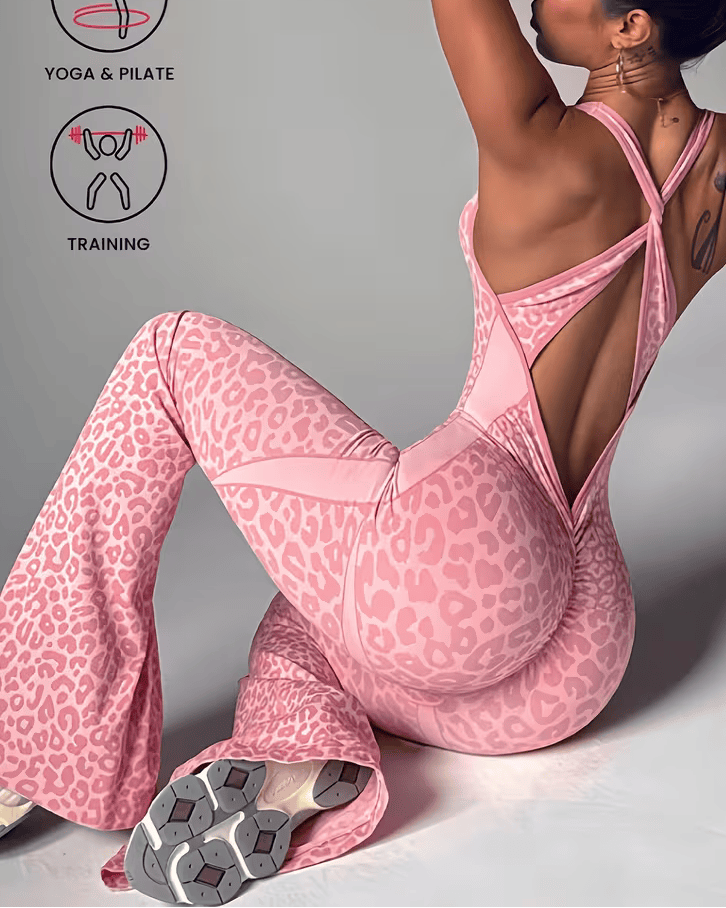 Curvy Seamless Leopard Print Backless Yoga Jumpsuit