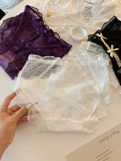 Sheer Floral Lace Bow Panties with Cotton Gusset