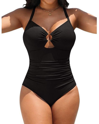 Cutout Tummy Control One Piece Swimsuit with Ruched Waist and Adjustable Straps