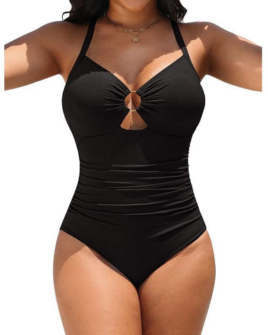 Cutout Tummy Control One Piece Swimsuit with Ruched Waist and Adjustable Straps