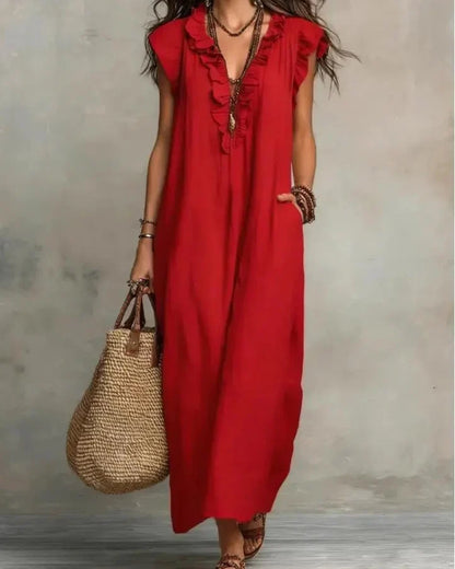 Women’s Boho Sleeveless Ruffle Maxi Dress with Pockets