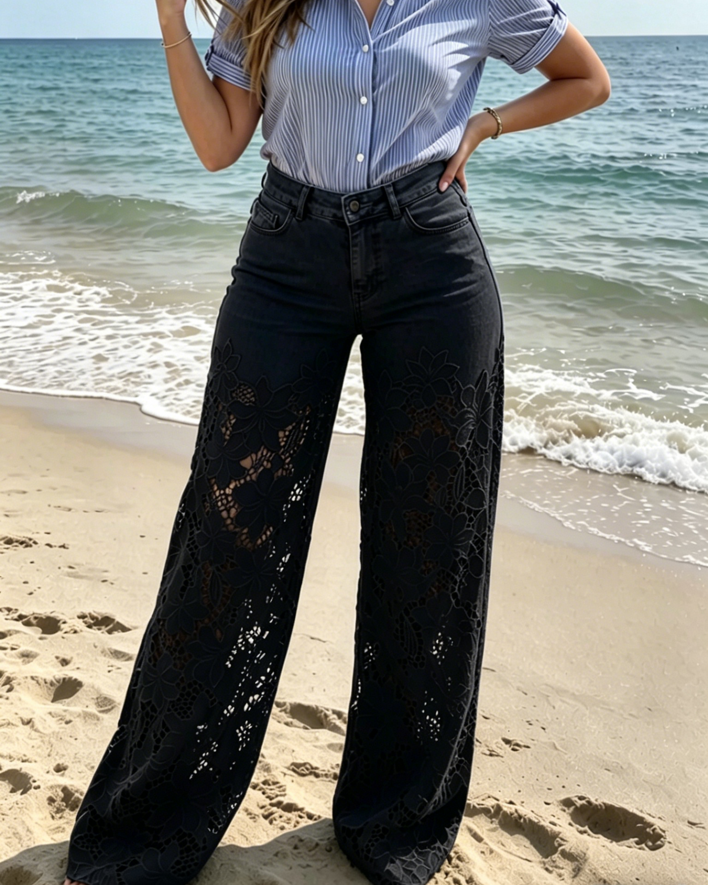 High Waisted White Lace Wide Leg Jeans