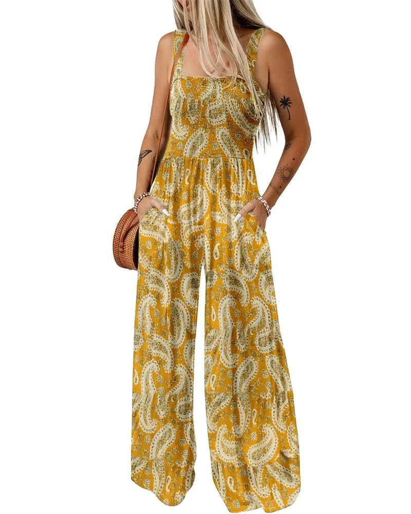 Bohemian Sleeveless Wide Leg Jumpsuit With Pockets