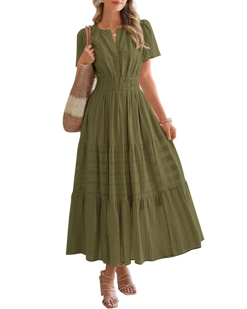 Women's Casual Boho Maxi Dress V Neck Short Sleeve with Pockets