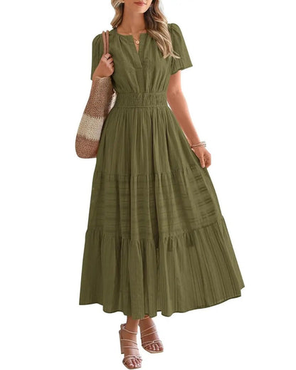 Women's Casual Boho Maxi Dress V Neck Short Sleeve with Pockets