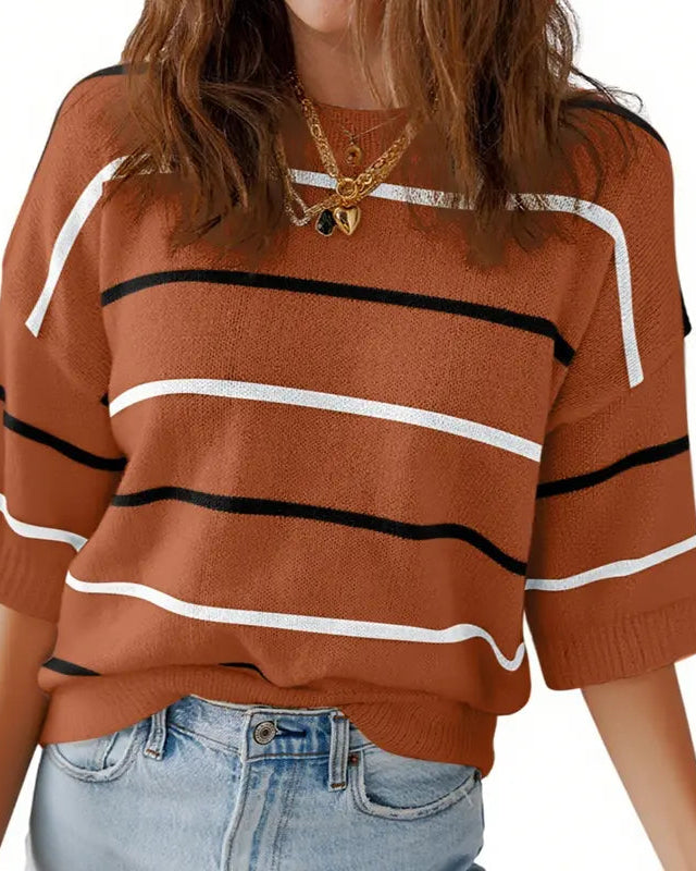 Women's Summer Striped Knit Top Crew Neck Short Sleeve