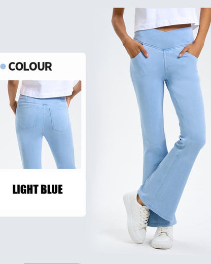 Curvy Fit High Waist Crossover Flare Denim Jeans - Illusion Pocket Stretch