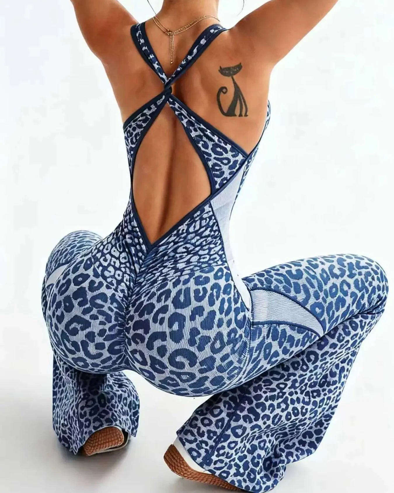 Curvy Seamless Leopard Print Backless Yoga Jumpsuit