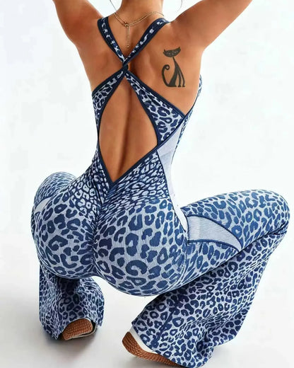 Curvy Seamless Leopard Print Backless Yoga Jumpsuit