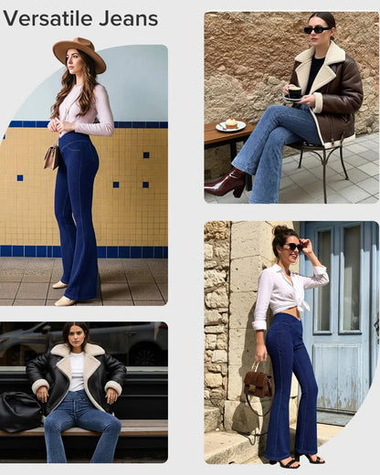 Curvy Fit High Waist Crossover Flare Denim Jeans - Illusion Pocket Stretch