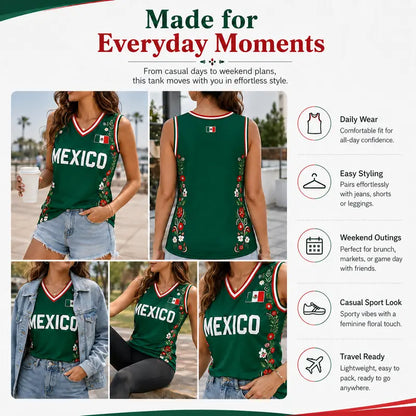 Women Floral Mexico Flag Sleeveless V Neck Soccer Fan Jersey Top