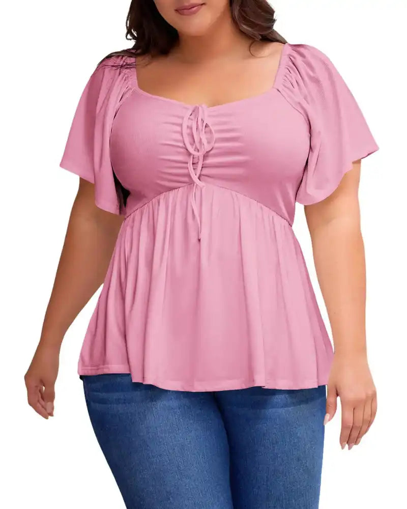 (XL-5XL) Plus Size Square Neck Short Sleeve Shirred Peplum Blouse