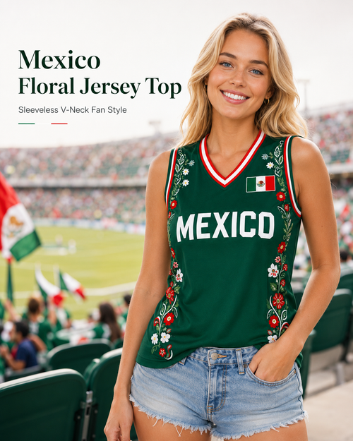Women Floral Mexico Flag Sleeveless V Neck Soccer Fan Jersey Top