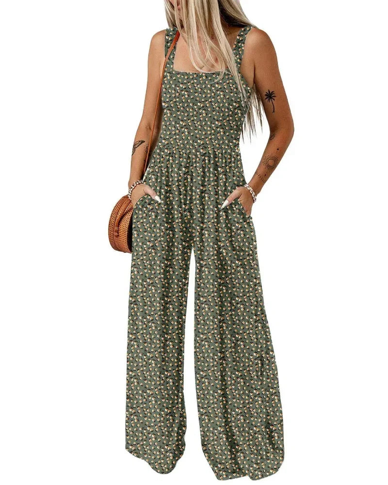 Bohemian Sleeveless Wide Leg Jumpsuit With Pockets