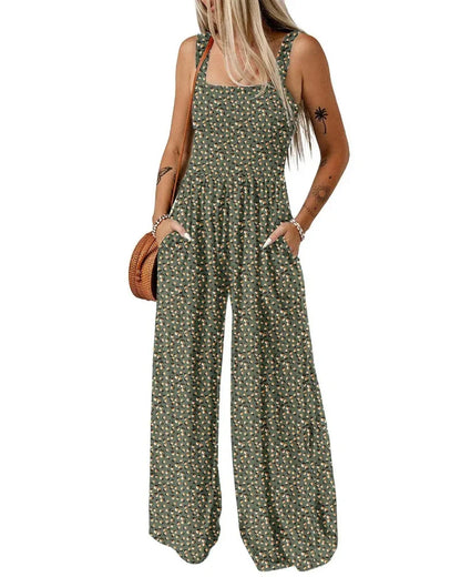 Bohemian Sleeveless Wide Leg Jumpsuit With Pockets