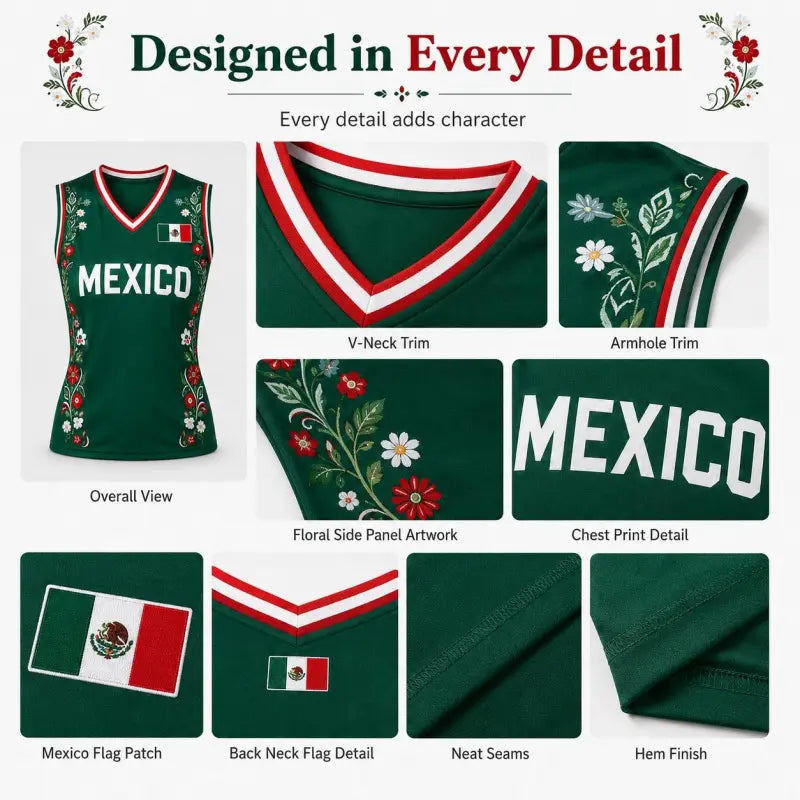 Women Floral Mexico Flag Sleeveless V Neck Soccer Fan Jersey Top