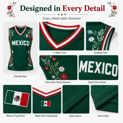 Women Floral Mexico Flag Sleeveless V Neck Soccer Fan Jersey Top