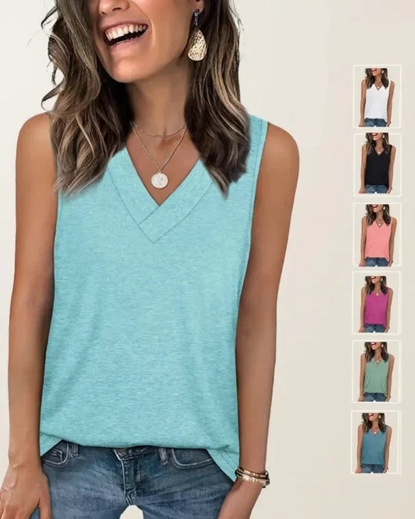 (S - 5XL) Women's V-Neck Tank Top - Loose Fit Summer Basic Tee