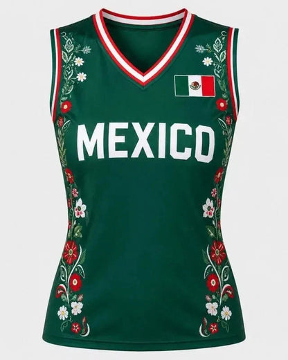Women Floral Mexico Flag Sleeveless V Neck Soccer Fan Jersey Top