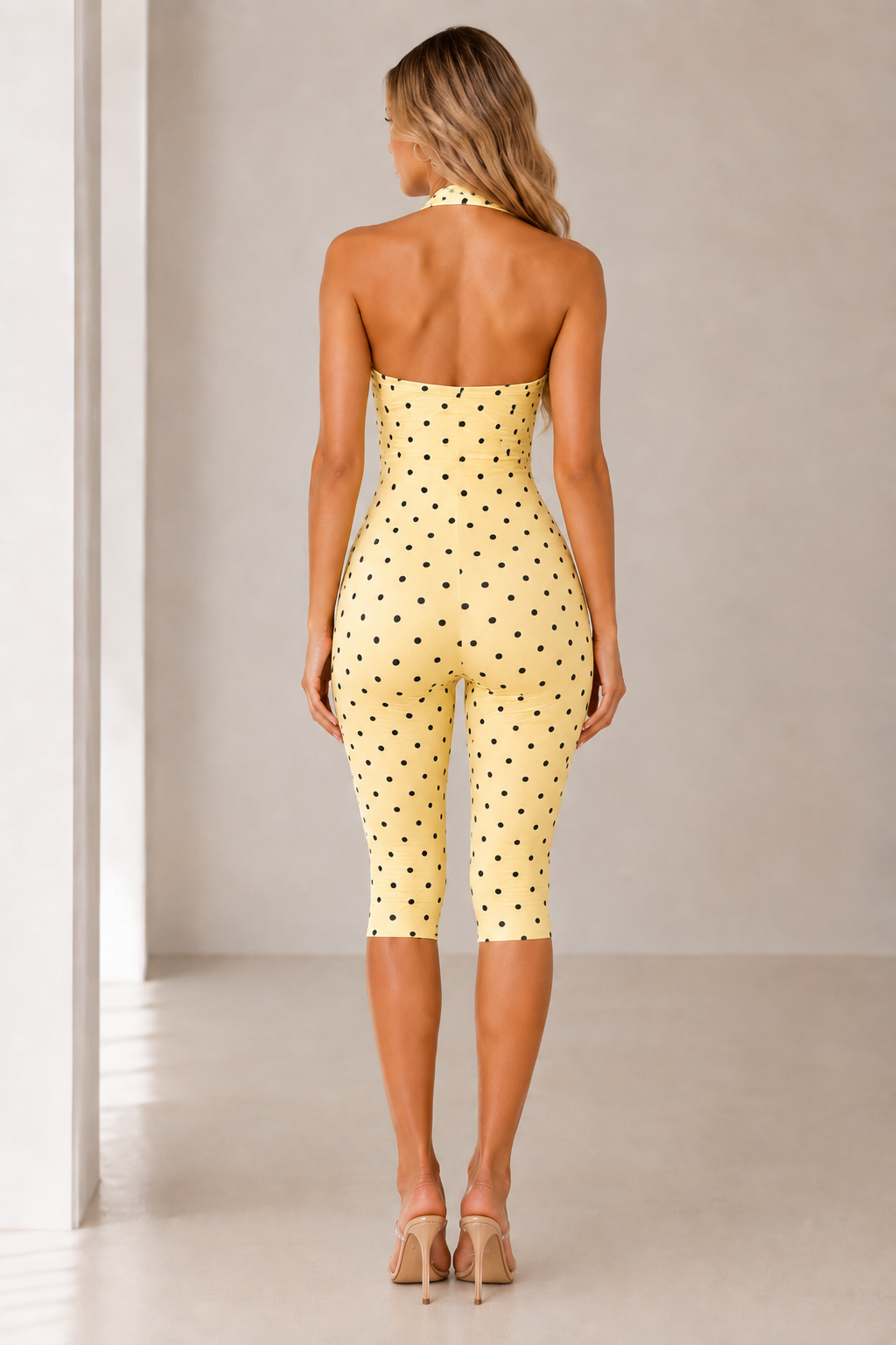 Polka Dot Halter Bodycon Romper – Retro Chic Sleeveless Jumpsuit