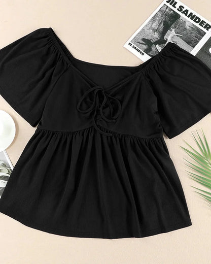 (XL-5XL) Plus Size Square Neck Short Sleeve Shirred Peplum Blouse