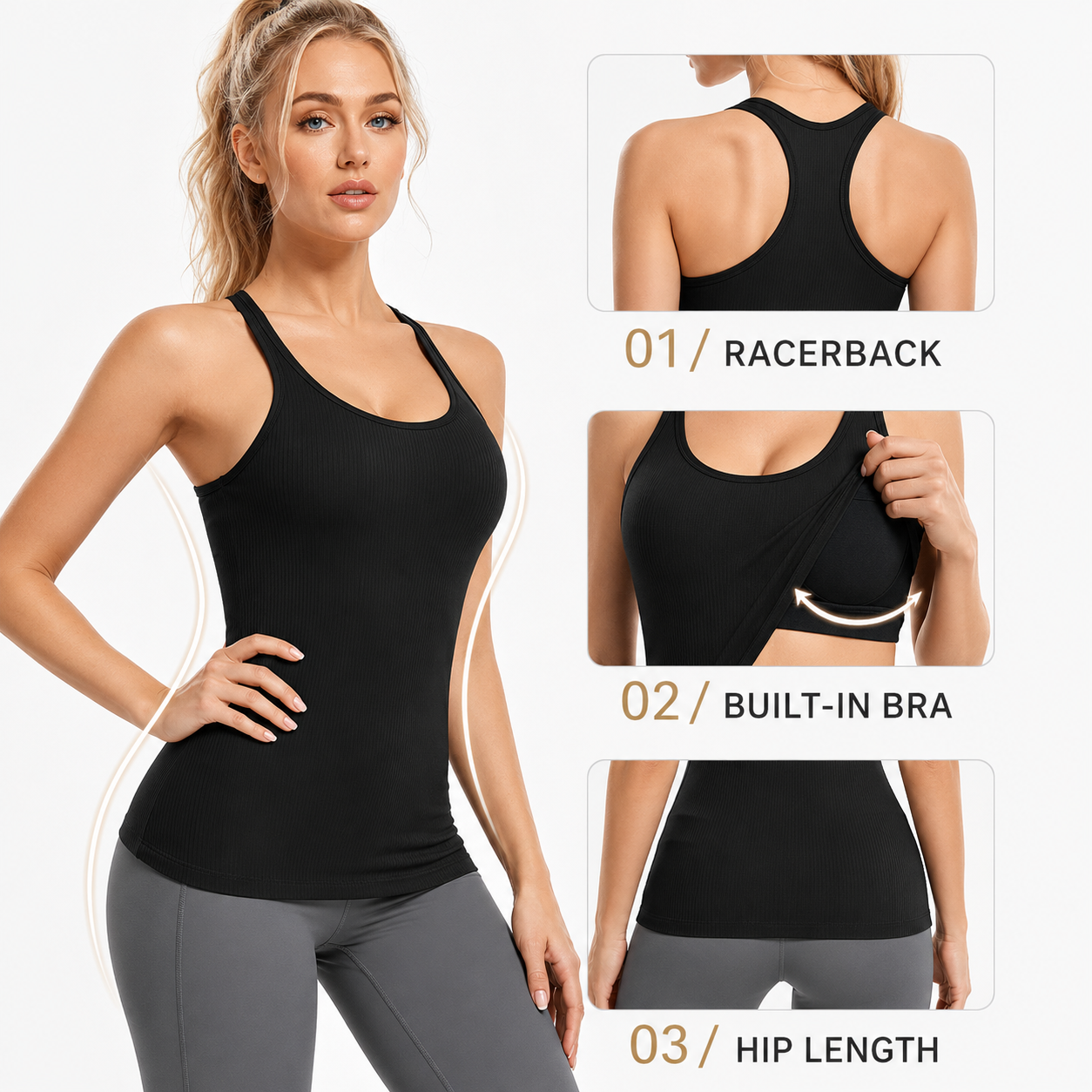 Ribbed Workout Tank Top with Built-In Bra