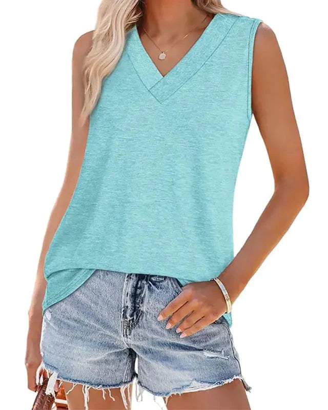 (S - 5XL) Women's V-Neck Tank Top - Loose Fit Summer Basic Tee