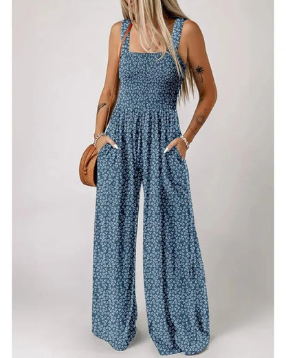 Bohemian Sleeveless Wide Leg Jumpsuit With Pockets