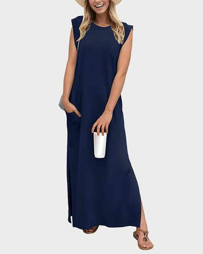 Women's Wrinkle Free Maxi Dress Loose Round Neck Split with Pockets
