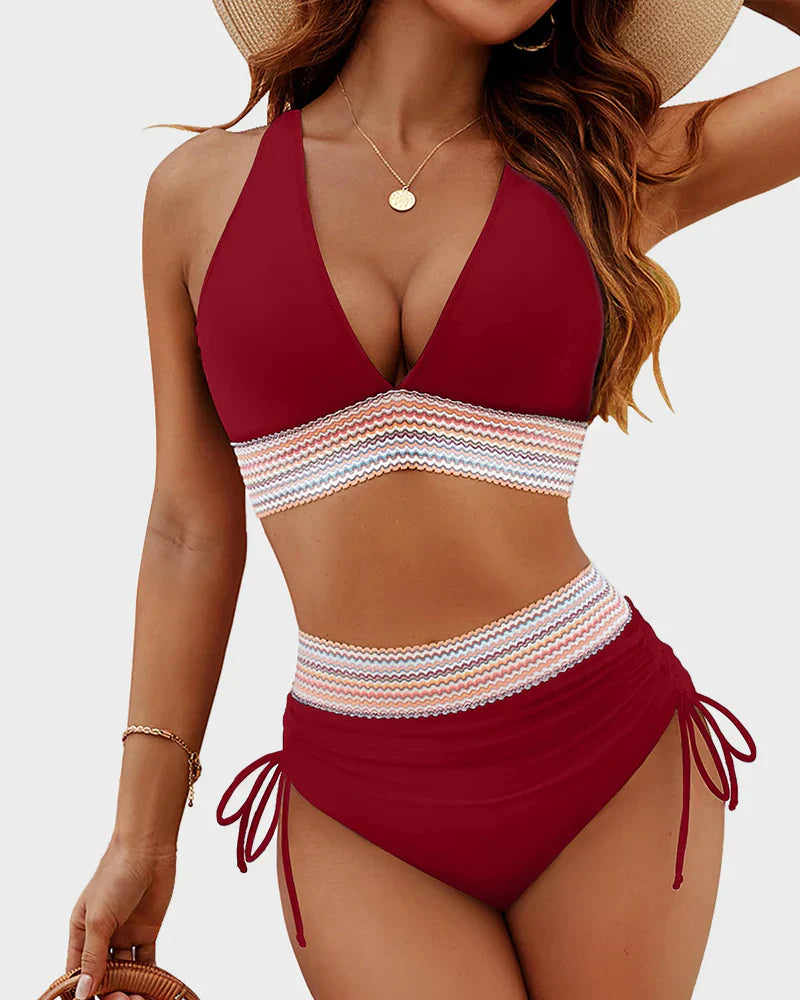 2026 High Waisted Tummy Control Color Block Bikini Sets
