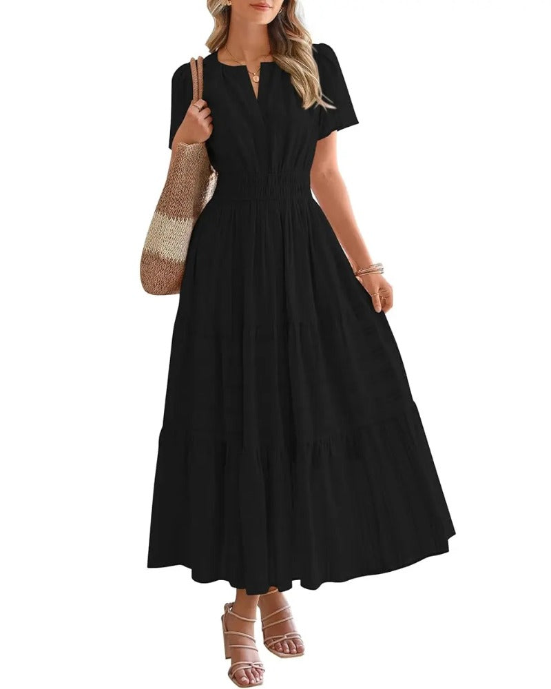 Women's Casual Boho Maxi Dress V Neck Short Sleeve with Pockets