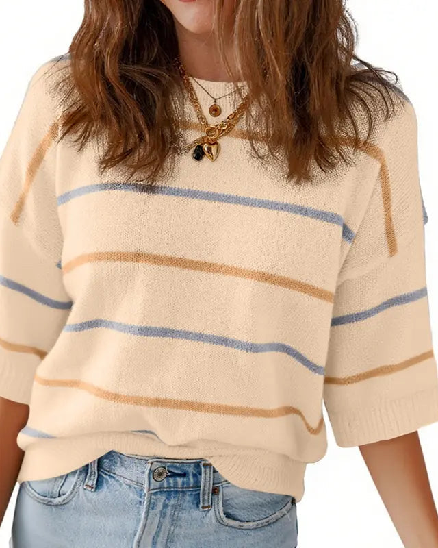 Women's Summer Striped Knit Top Crew Neck Short Sleeve