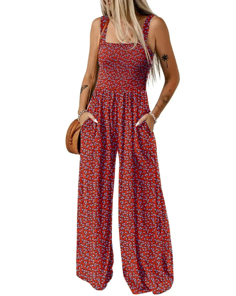 Bohemian Sleeveless Wide Leg Jumpsuit With Pockets