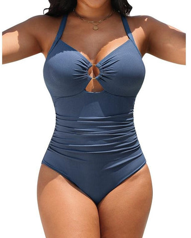 Cutout Tummy Control One Piece Swimsuit with Ruched Waist and Adjustable Straps