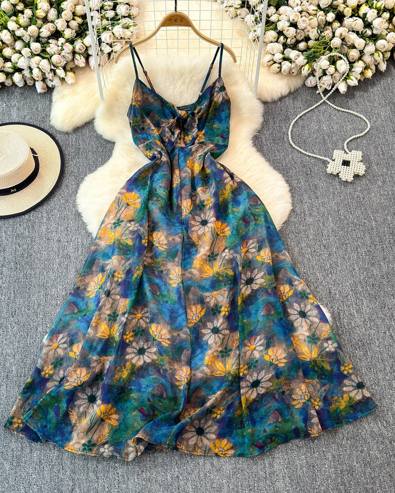Boho Floral Print Spaghetti Strap A-Line Dress – Summer Beach Vacation Cami Dress