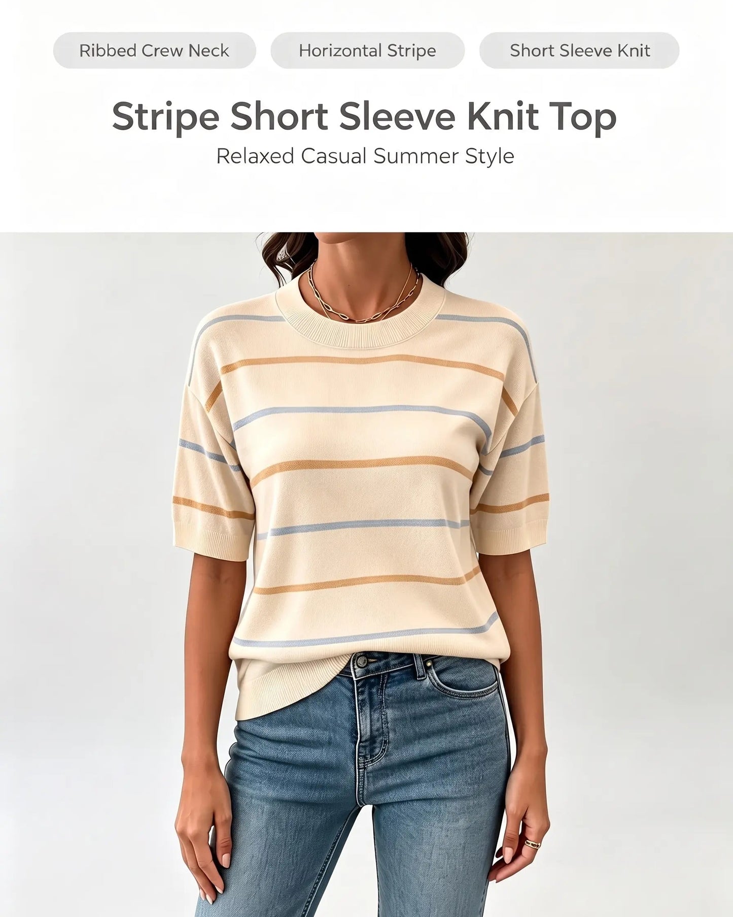 Women's Summer Striped Knit Top Crew Neck Short Sleeve