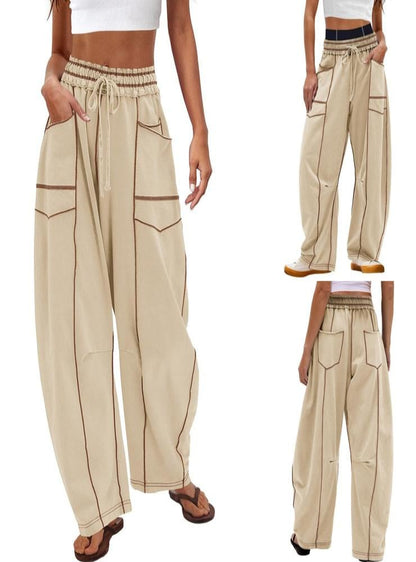 Womens Baggy Barrel Pants Wide Leg Lounge Drawstring Sweatpants with Pockets