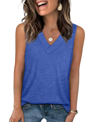 (S - 5XL) Women's V-Neck Tank Top - Loose Fit Summer Basic Tee