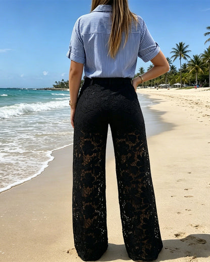 High Waisted White Lace Wide Leg Jeans