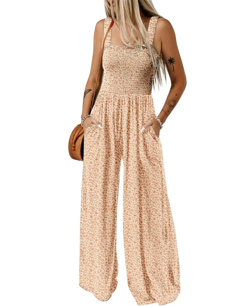 Bohemian Sleeveless Wide Leg Jumpsuit With Pockets