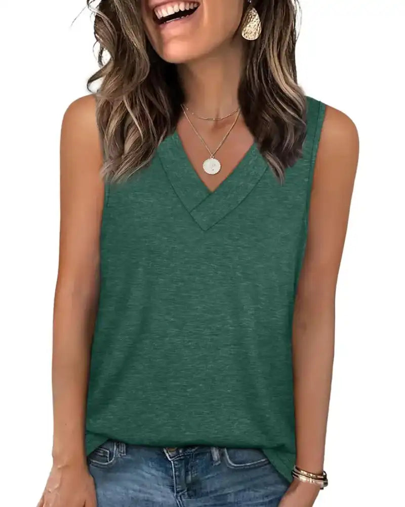 (S - 5XL) Women's V-Neck Tank Top - Loose Fit Summer Basic Tee